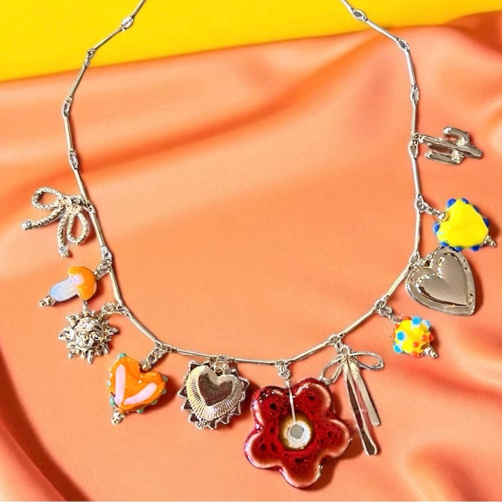 Vibrant Gold Toned Autumn inspired charm necklace Glass Ceramic Enamel charms - Picture 8 of 17